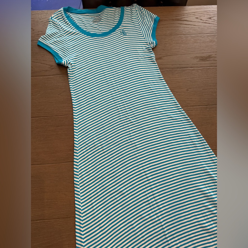 Ralph Lauren Women Sz Large turquoise and White stripe short sleeve long dress